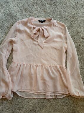 Express Women's Light Blush Tie-Neck Peplum Blouse